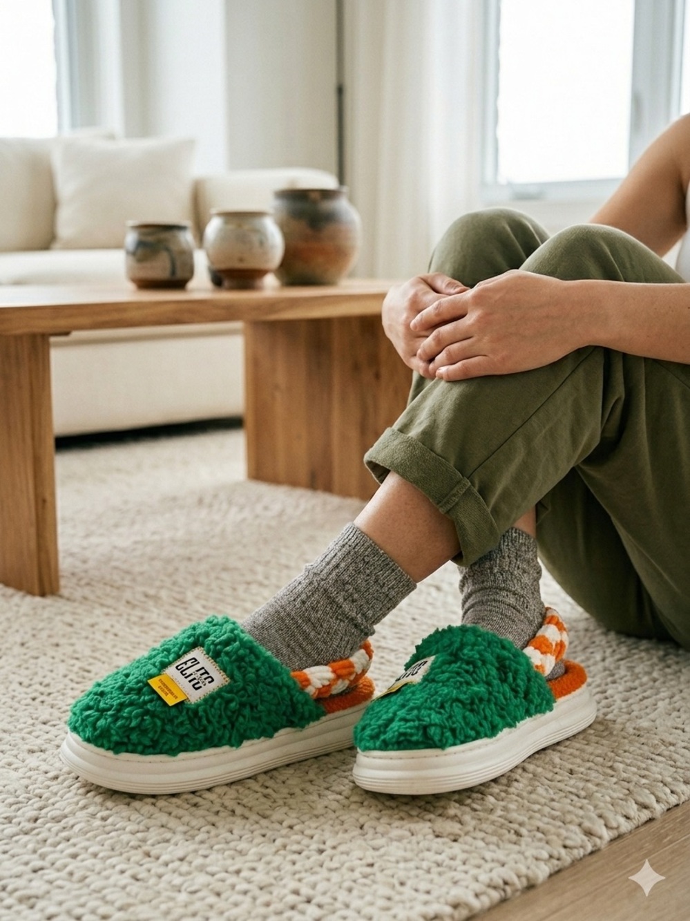 Elite of Urban Fuzzy Green & Orange Sherpa Platform Slippers